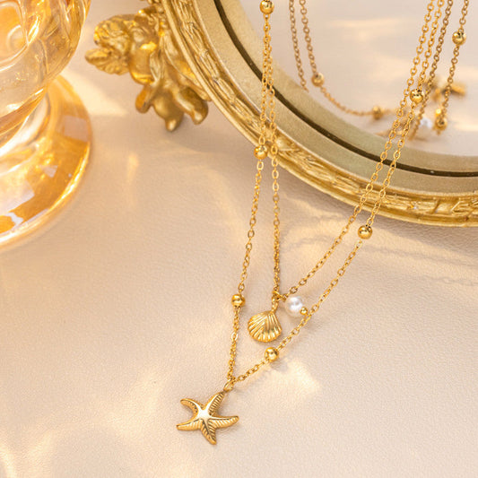 Gold-Plated Layered Starfish & Shell Necklace with Pearl Accent