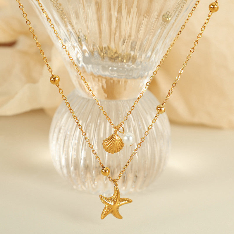 Gold-Plated Layered Starfish & Shell Necklace with Pearl Accent
