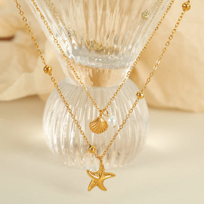 Gold-Plated Layered Starfish & Shell Necklace with Pearl Accent