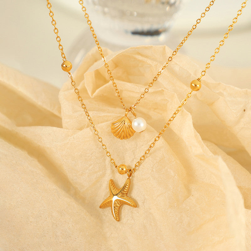 Gold-Plated Layered Starfish & Shell Necklace with Pearl Accent