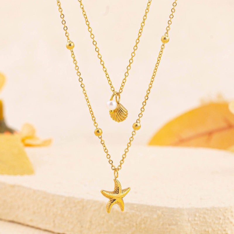 Gold-Plated Layered Starfish & Shell Necklace with Pearl Accent