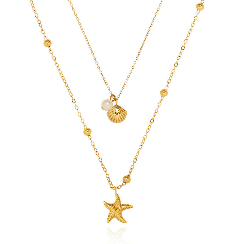 Gold-Plated Layered Starfish & Shell Necklace with Pearl Accent