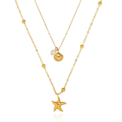 Gold-Plated Layered Starfish & Shell Necklace with Pearl Accent