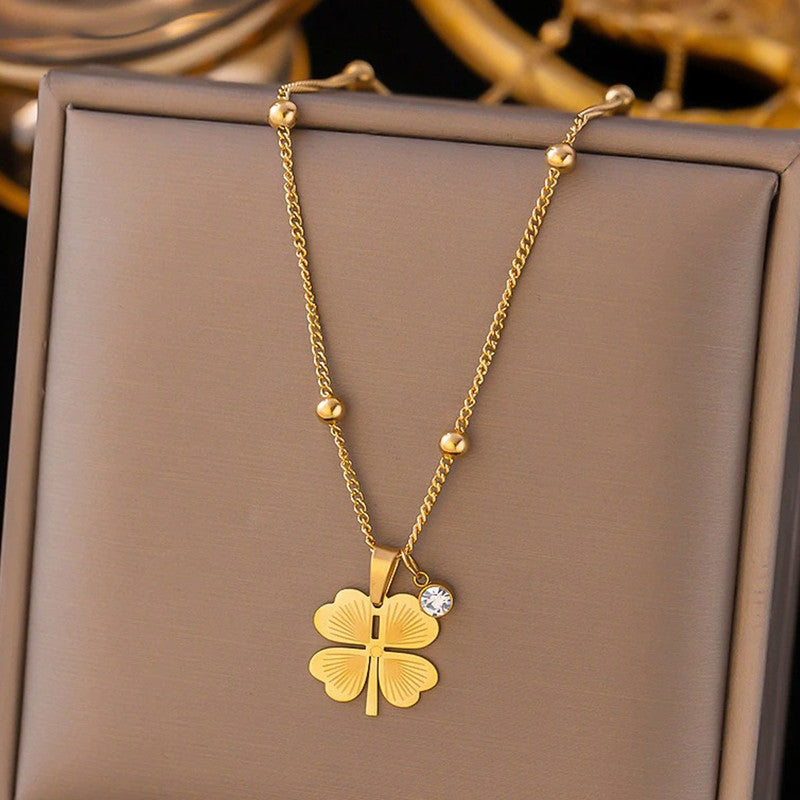 Gold-Plated Four Leaf Clover Pendant Necklace with Crystal Accent