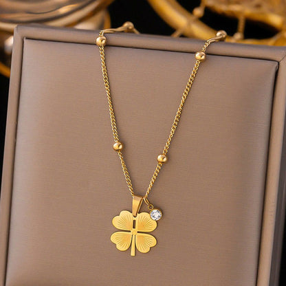 Gold-Plated Four Leaf Clover Pendant Necklace with Crystal Accent