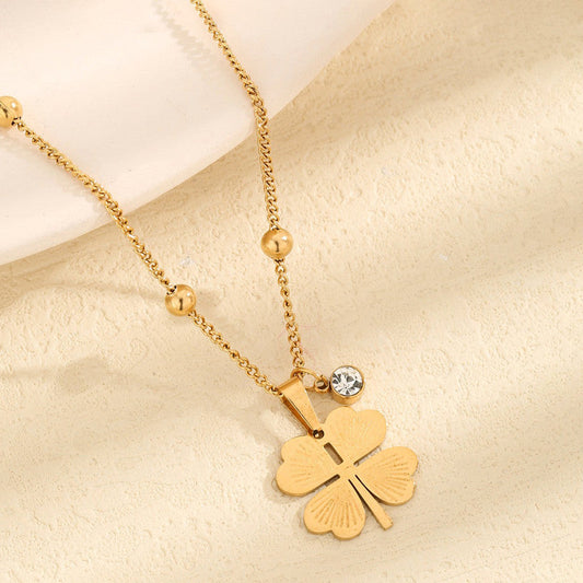 Gold-Plated Four Leaf Clover Pendant Necklace with Crystal Accent
