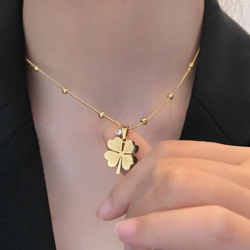 Gold-Plated Four Leaf Clover Pendant Necklace with Crystal Accent