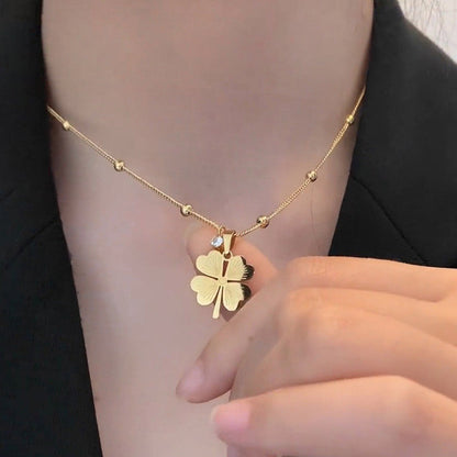 Gold-Plated Four Leaf Clover Pendant Necklace with Crystal Accent