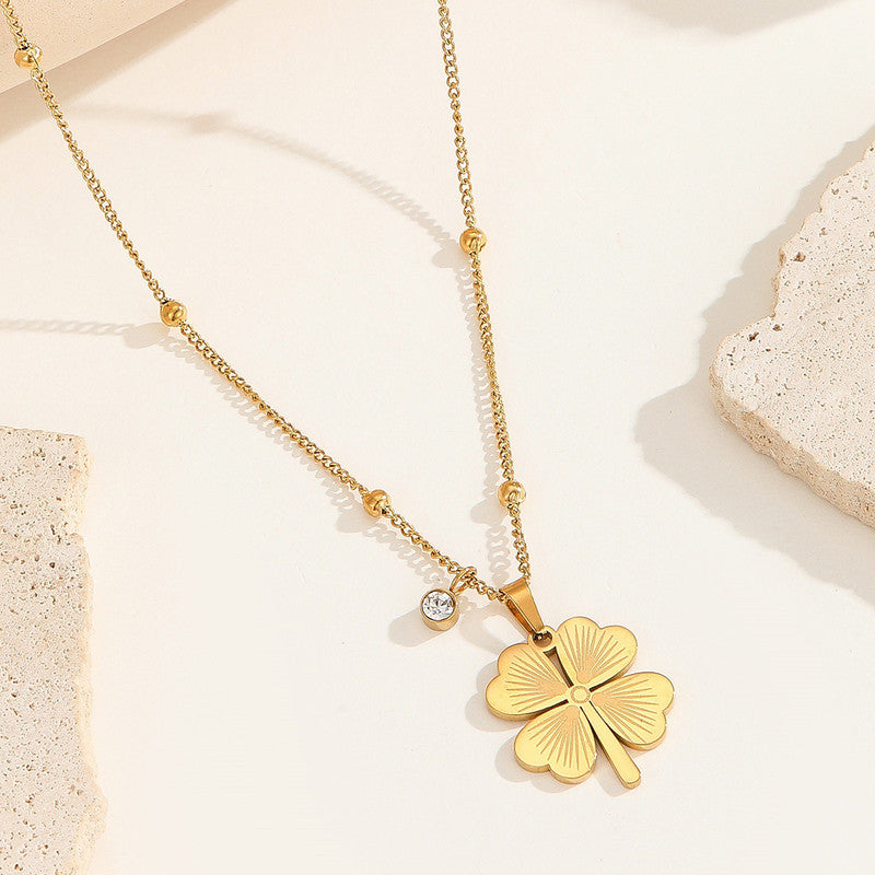 Gold-Plated Four Leaf Clover Pendant Necklace with Crystal Accent