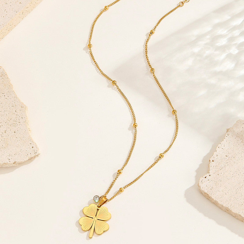Gold-Plated Four Leaf Clover Pendant Necklace with Crystal Accent