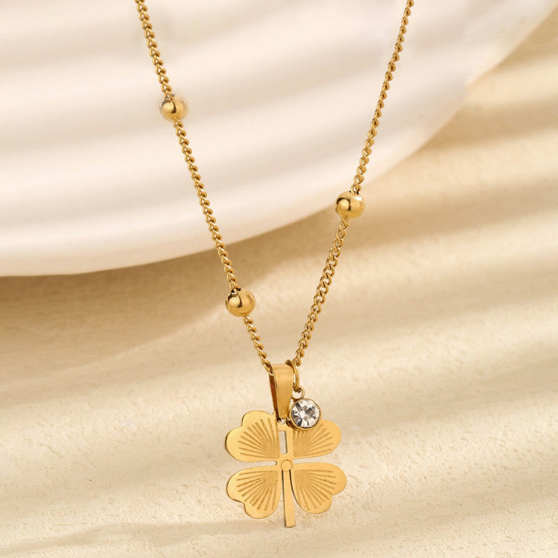 Gold-Plated Four Leaf Clover Pendant Necklace with Crystal Accent