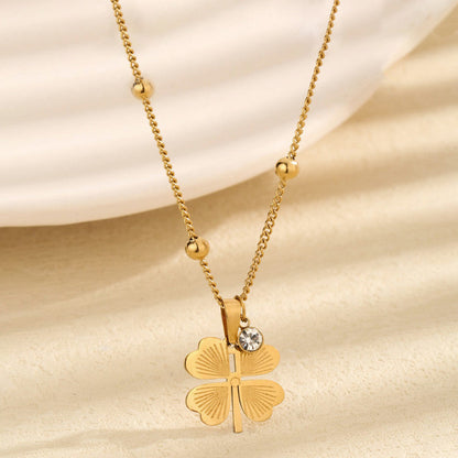 Gold-Plated Four Leaf Clover Pendant Necklace with Crystal Accent