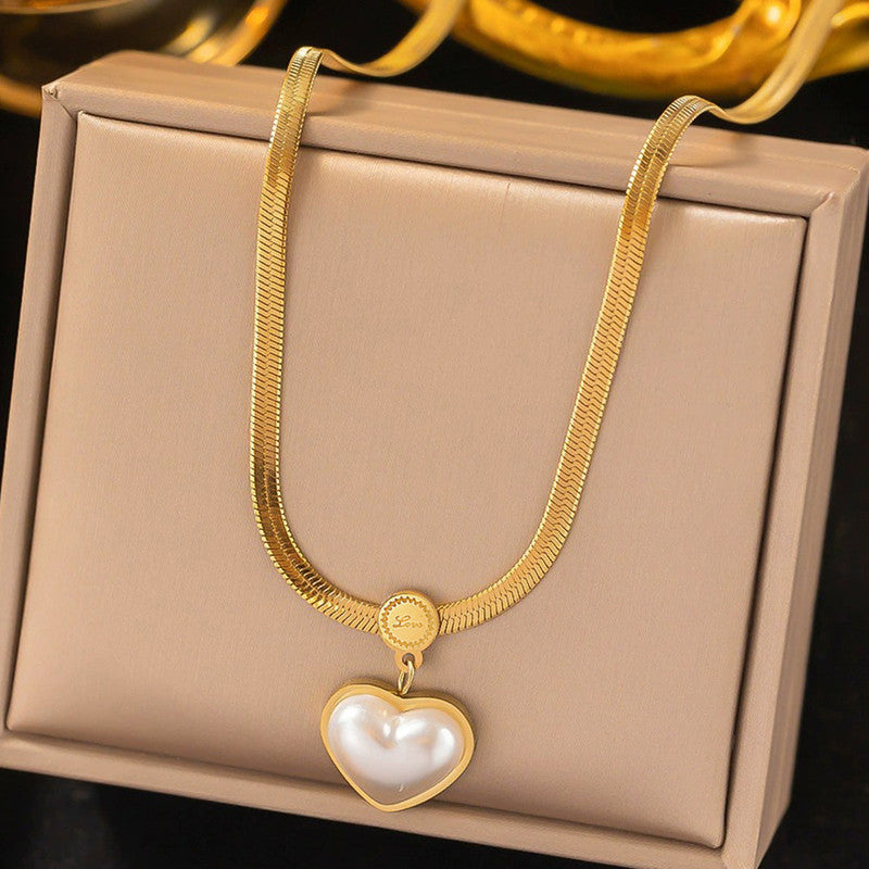 Gold-Plated Herringbone Chain Necklace with Pearl Heart Pendant
