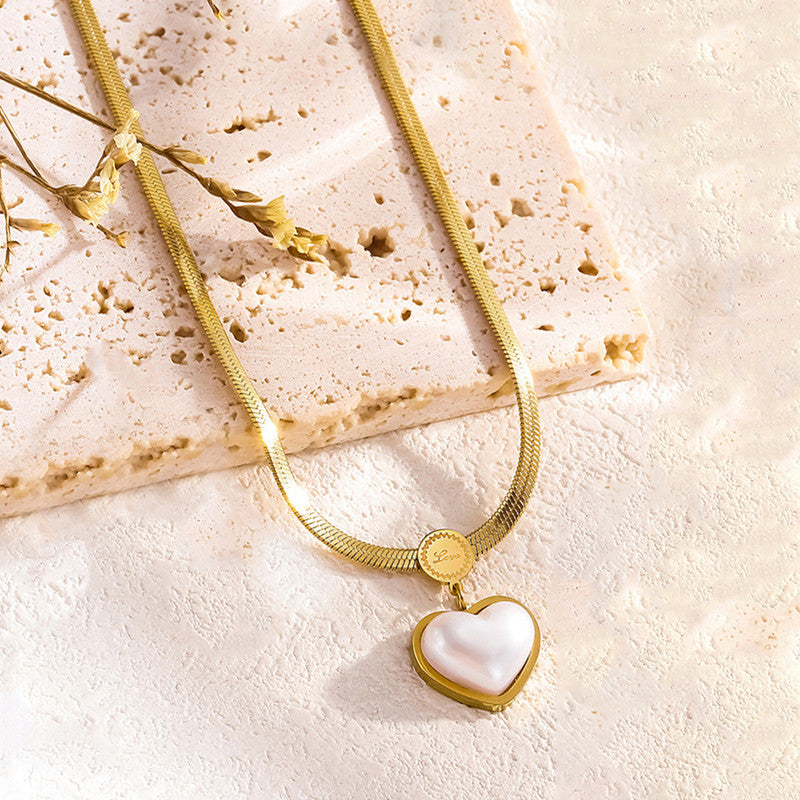 Gold-Plated Herringbone Chain Necklace with Pearl Heart Pendant