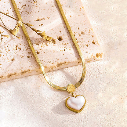 Gold-Plated Herringbone Chain Necklace with Pearl Heart Pendant