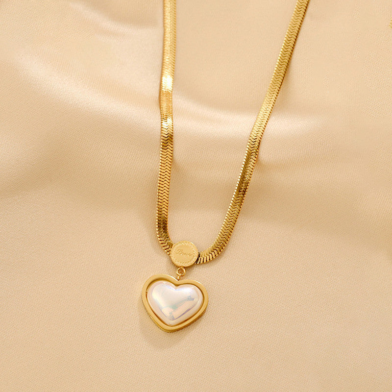 Gold-Plated Herringbone Chain Necklace with Pearl Heart Pendant