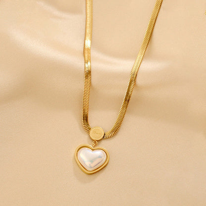 Gold-Plated Herringbone Chain Necklace with Pearl Heart Pendant