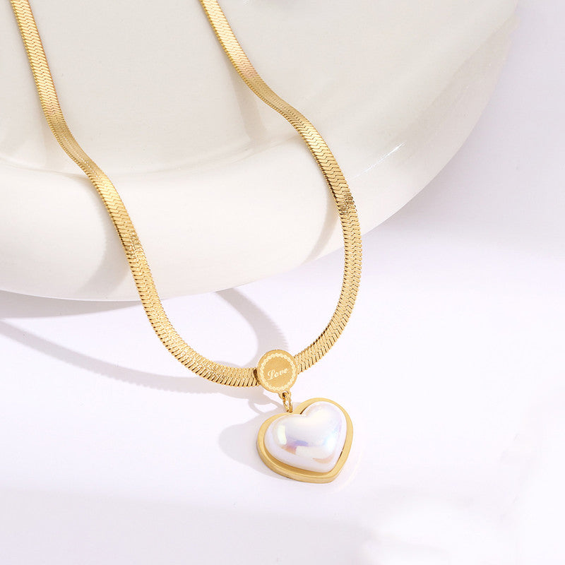 Gold-Plated Herringbone Chain Necklace with Pearl Heart Pendant