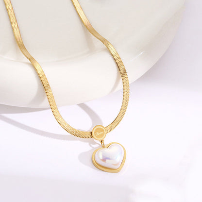 Gold-Plated Herringbone Chain Necklace with Pearl Heart Pendant