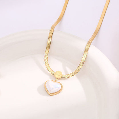Gold-Plated Herringbone Chain Necklace with Pearl Heart Pendant