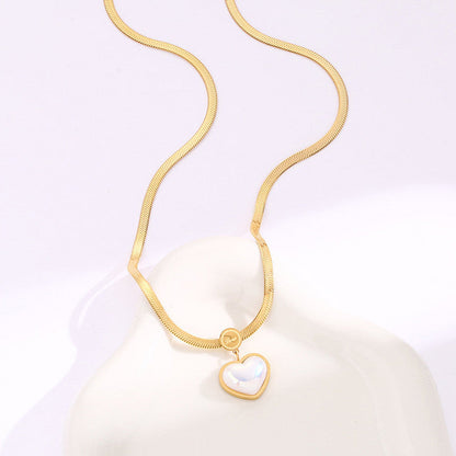 Gold-Plated Herringbone Chain Necklace with Pearl Heart Pendant