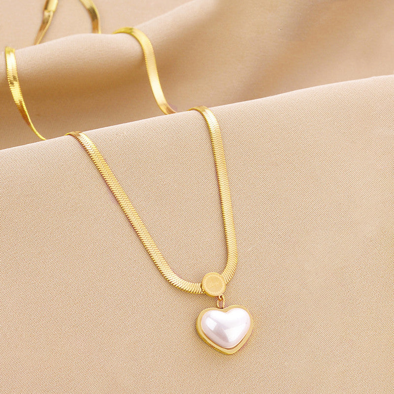 Gold-Plated Herringbone Chain Necklace with Pearl Heart Pendant