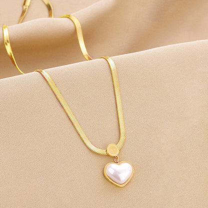 Gold-Plated Herringbone Chain Necklace with Pearl Heart Pendant