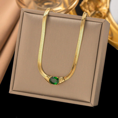 Gold-Plated Herringbone Chain Necklace with Green Stone Pendant