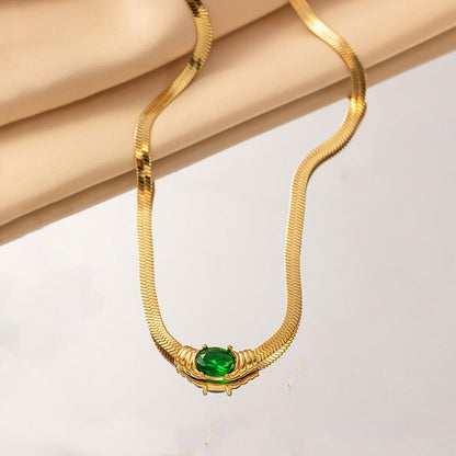 Gold-Plated Herringbone Chain Necklace with Green Stone Pendant