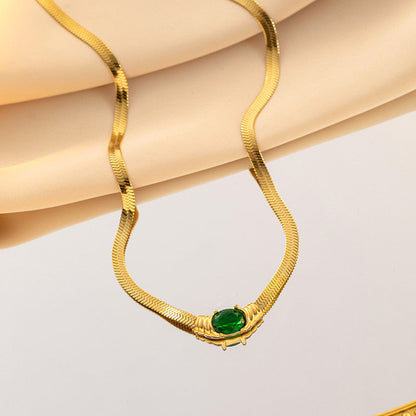 Gold-Plated Herringbone Chain Necklace with Green Stone Pendant