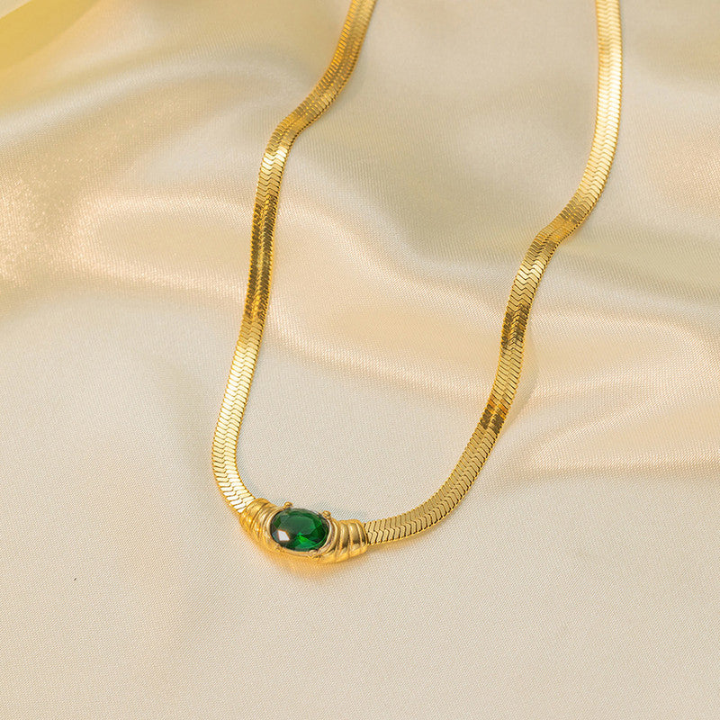 Gold-Plated Herringbone Chain Necklace with Green Stone Pendant