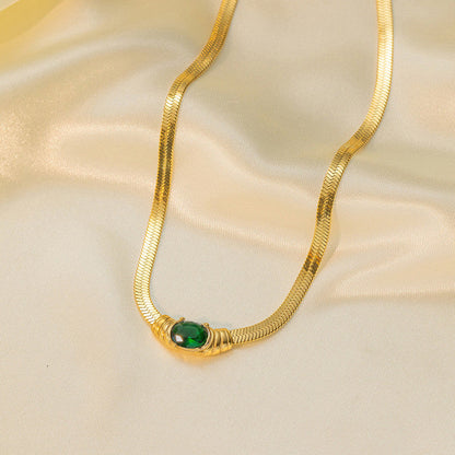 Gold-Plated Herringbone Chain Necklace with Green Stone Pendant