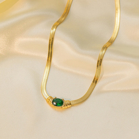 Gold-Plated Herringbone Chain Necklace with Green Stone Pendant