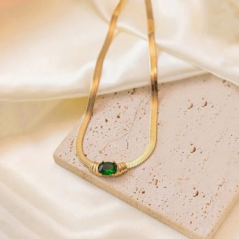 Gold-Plated Herringbone Chain Necklace with Green Stone Pendant