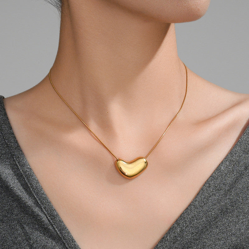 Gold-Plated Puffy Heart Pendant Necklace with Snake Chain