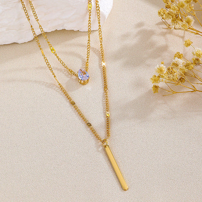 Gold-Plated Layered Bar & Crystal Drop Necklace