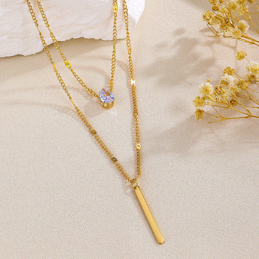 Gold-Plated Layered Bar & Crystal Drop Necklace