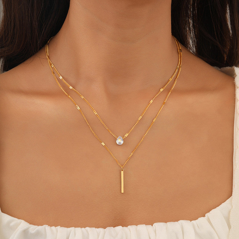 Gold-Plated Layered Bar & Crystal Drop Necklace