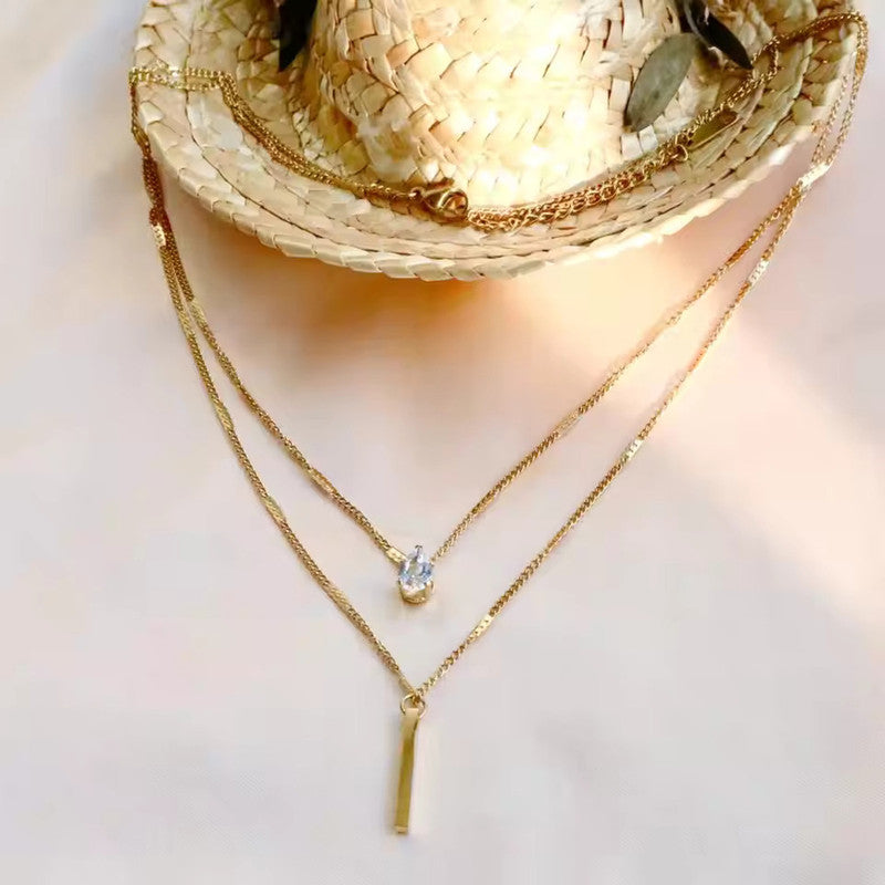 Gold-Plated Layered Bar & Crystal Drop Necklace