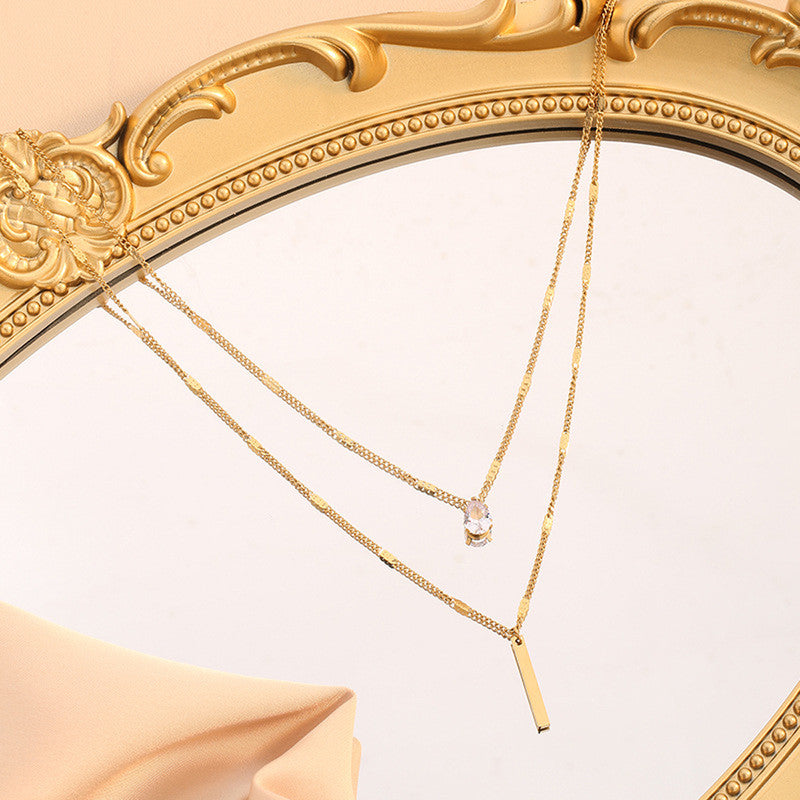 Gold-Plated Layered Bar & Crystal Drop Necklace