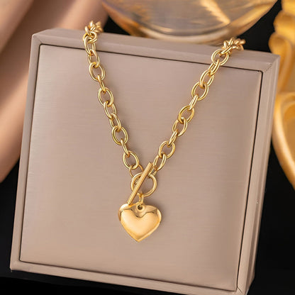 Gold-Plated Chunky Chain Heart Pendant Necklace