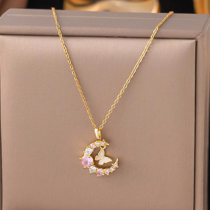 Gold-Plated Butterfly Moon Pendant Necklace with Pink Crystals