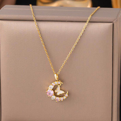 Gold-Plated Butterfly Moon Pendant Necklace with Pink Crystals