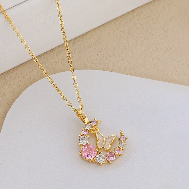 Gold-Plated Butterfly Moon Pendant Necklace with Pink Crystals