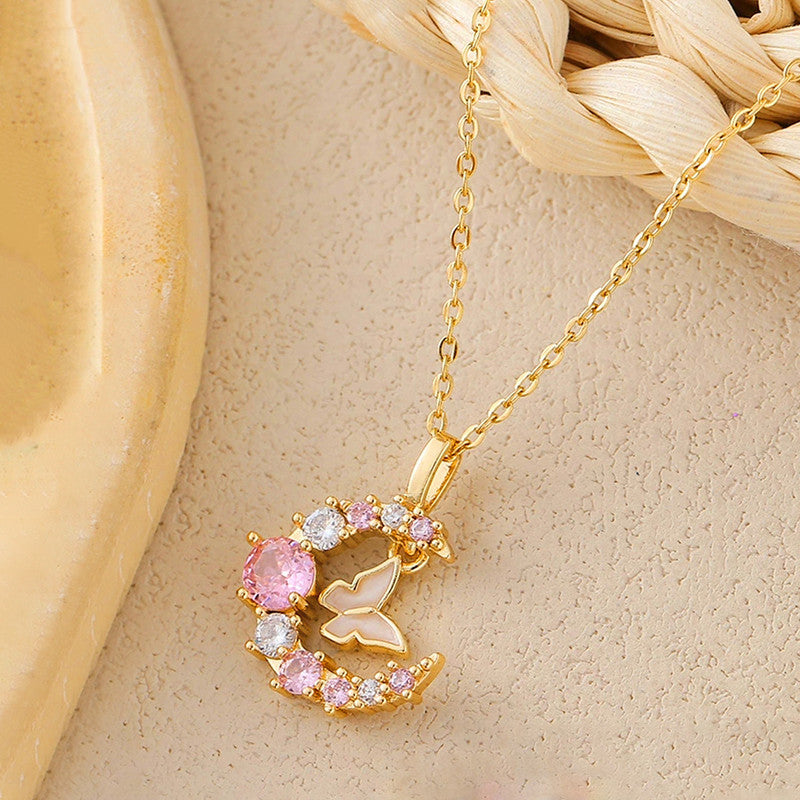 Gold-Plated Butterfly Moon Pendant Necklace with Pink Crystals
