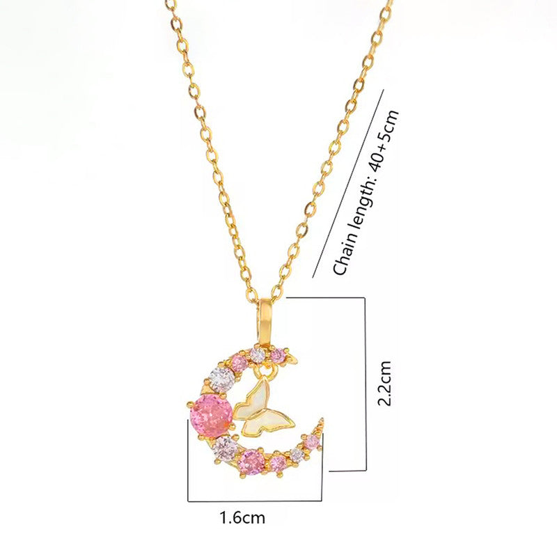 Gold-Plated Butterfly Moon Pendant Necklace with Pink Crystals