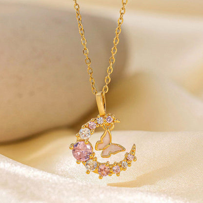 Gold-Plated Butterfly Moon Pendant Necklace with Pink Crystals