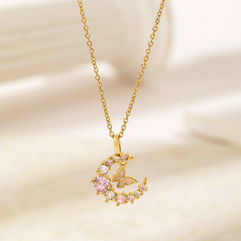 Gold-Plated Butterfly Moon Pendant Necklace with Pink Crystals