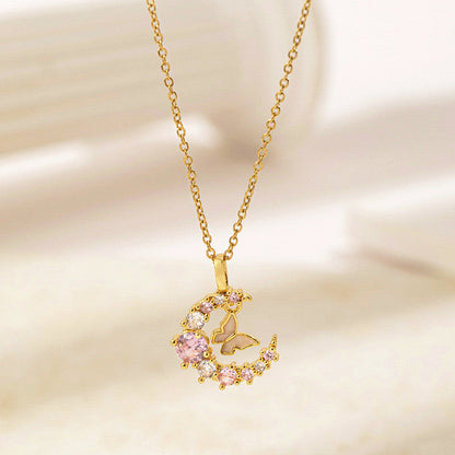 Gold-Plated Butterfly Moon Pendant Necklace with Pink Crystals