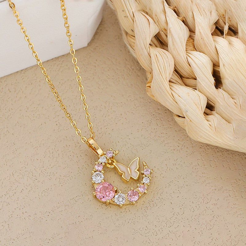 Gold-Plated Butterfly Moon Pendant Necklace with Pink Crystals